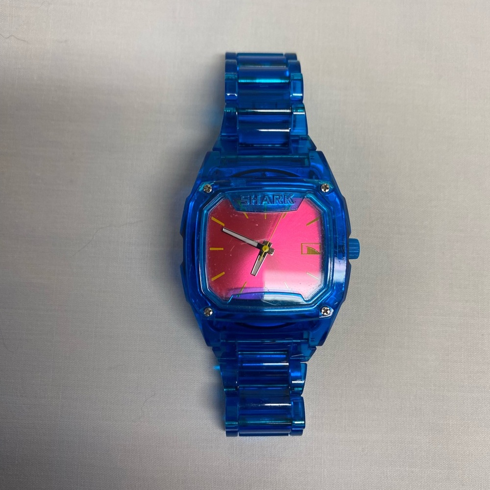 Women’s SHARK Freestyle Transparent Blue Watch with Pink Dial - Needs Battery